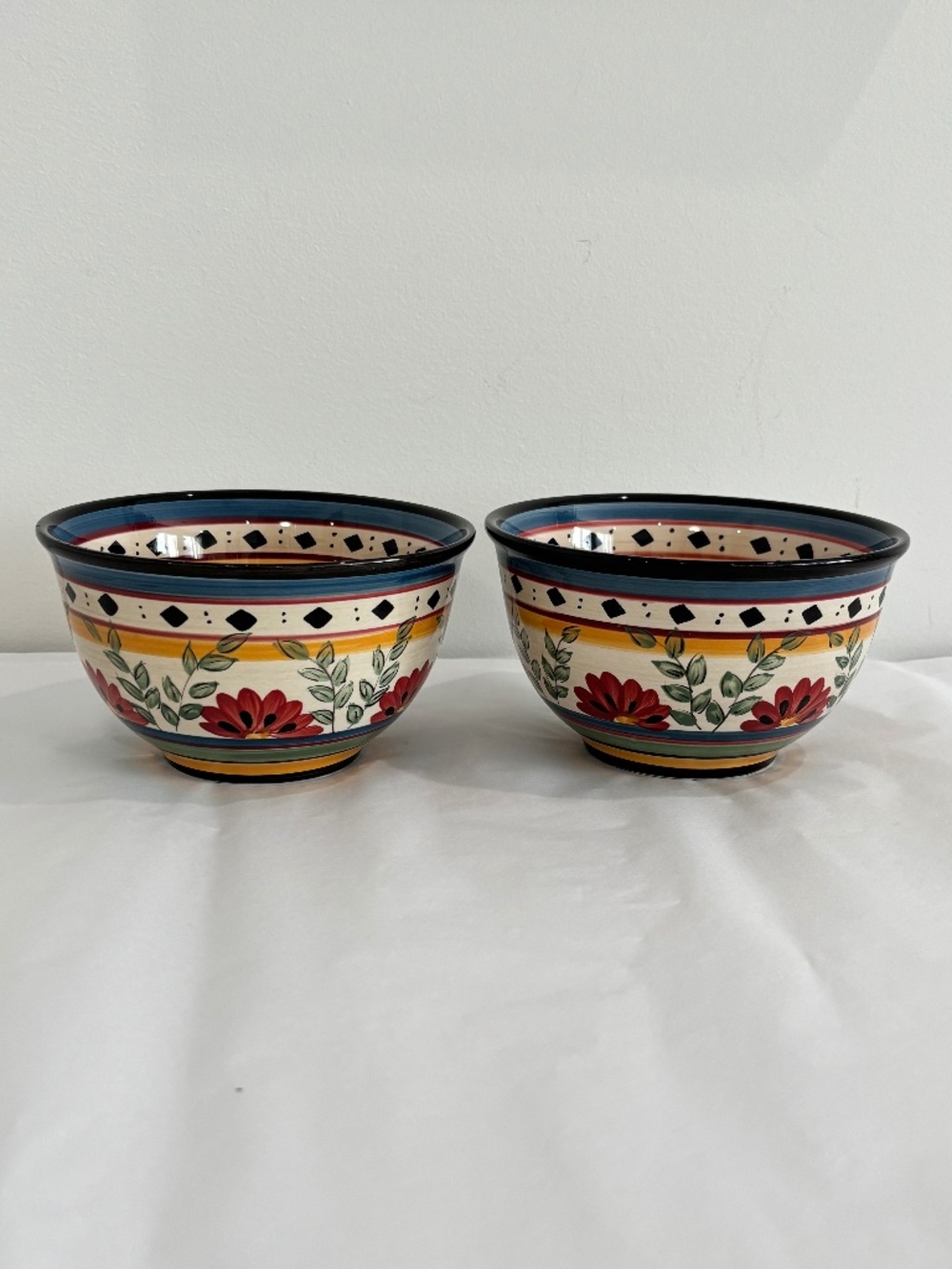 PIER 1 SET OF TWO bowls hand-painted Earthenware 'Alexandria' floral pattern